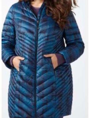 DOWN & FEATHER JACKET, LONG LENGTH, MYKONOS BLUE, SIZE 5X, PACKABLE, FOR COLDER